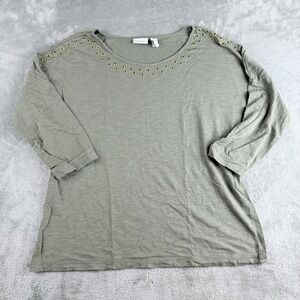 Chicos Top Womens 2 Olive Green Boat Neck‎ Gold Grommets 3/4 Sleeve Loungewear